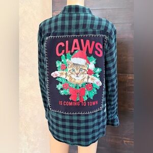 Upcycled Perry Ellis Claws XMAS Green/Black Plaid Shacket  Size M